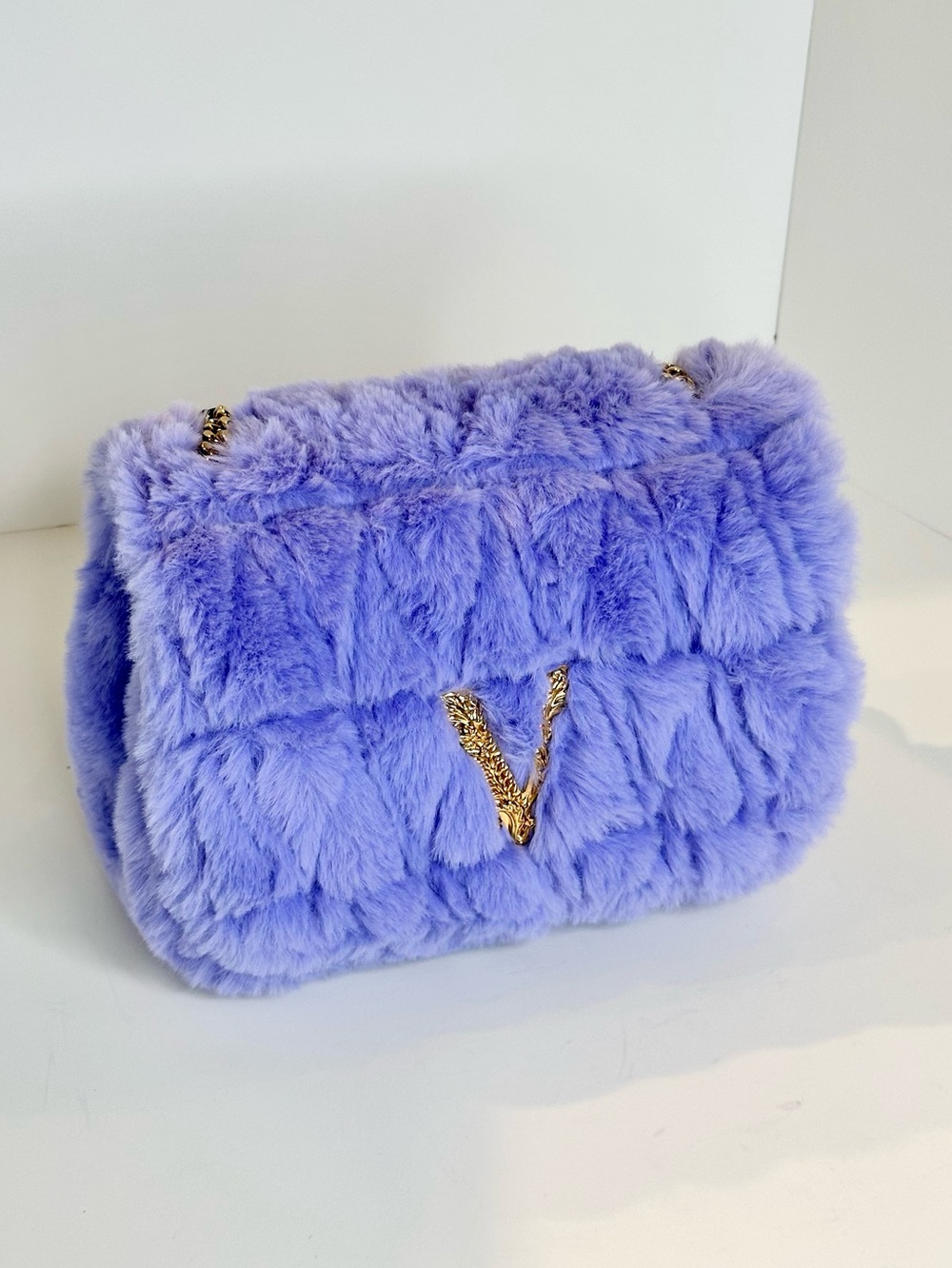 NWT Versace Virtus Faux Fur Shoulder Bag Orchid Purple Gold